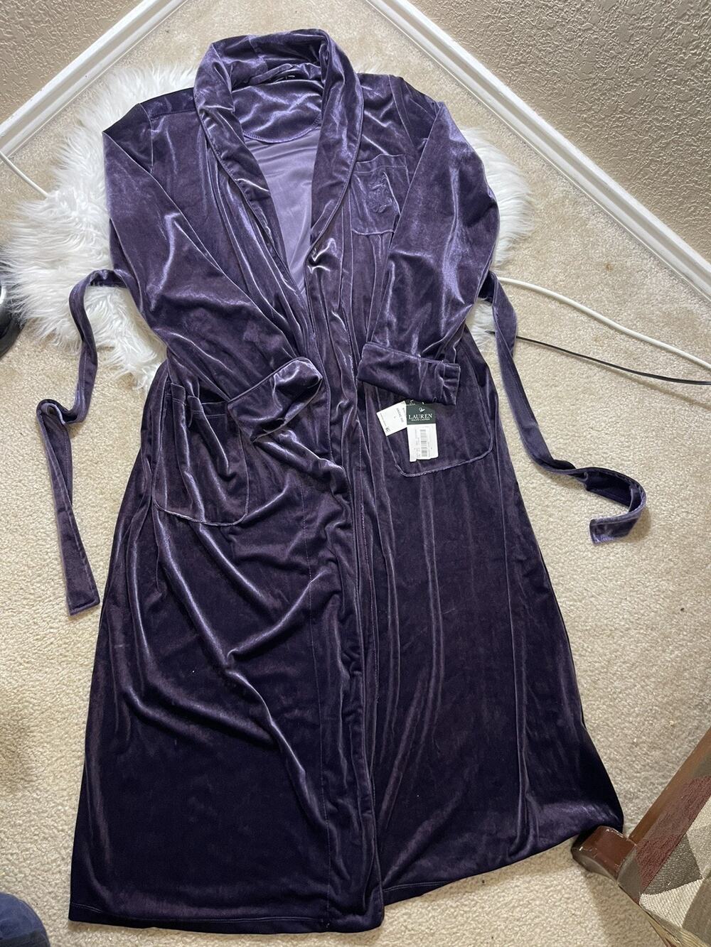 LAUREN RALPH LAUREN Velvet Long Robe L Burgundy Wine Shawl Collar Belted LRL